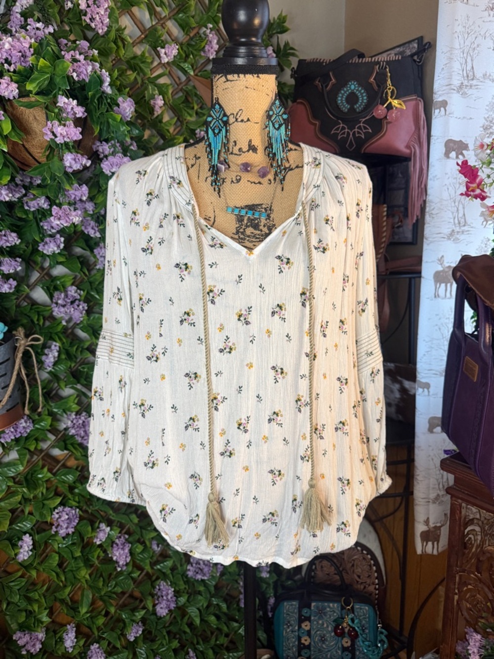 Ivory Floral Tassel V-Neck Boho Tunic